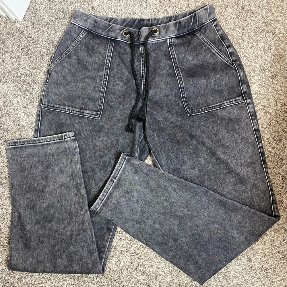 Ethyl Abyss Drawstring Waist Pull On Faded Black Distressed Washed Jeans Size 8